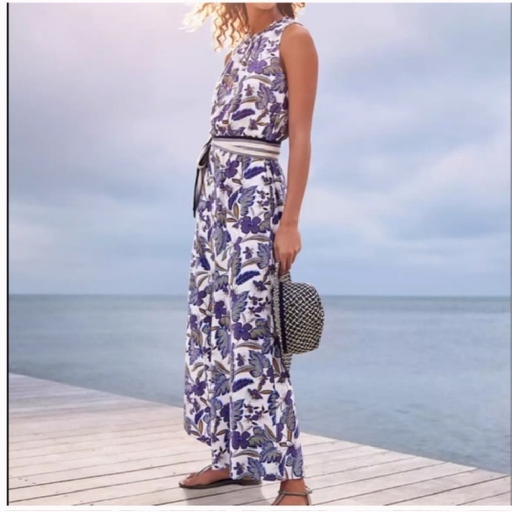 LOFT Purple linen tropical floral print Ruffle Neck Jumpsuit Wide Leg large - Picture 2 of 11